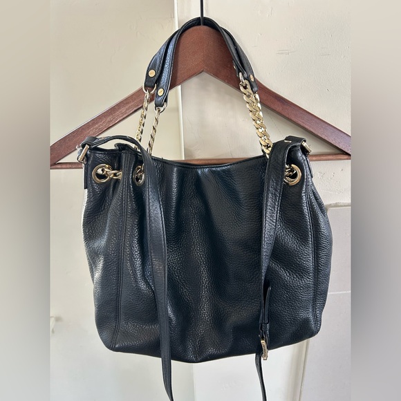 Michael Kors Black Pebbled Genuine Leather Purse Gold Chain Mature Designer EUC - Picture 5 of 16